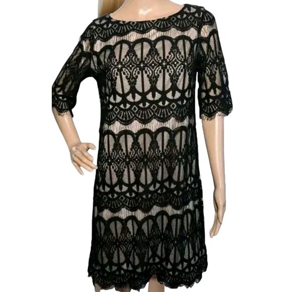 Eliza J Women's Size 6 Shift Dress Black Lace Over Tan - Picture 1 of 8
